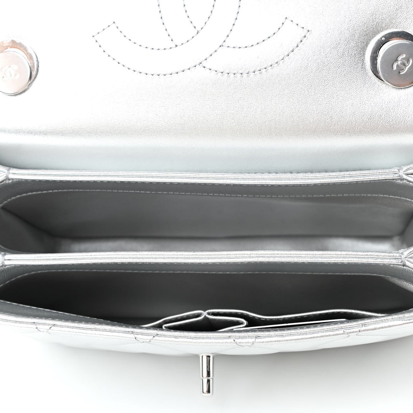 Metallic Lambskin Quilted Small Trendy CC Flap Dual Handle Bag Silver