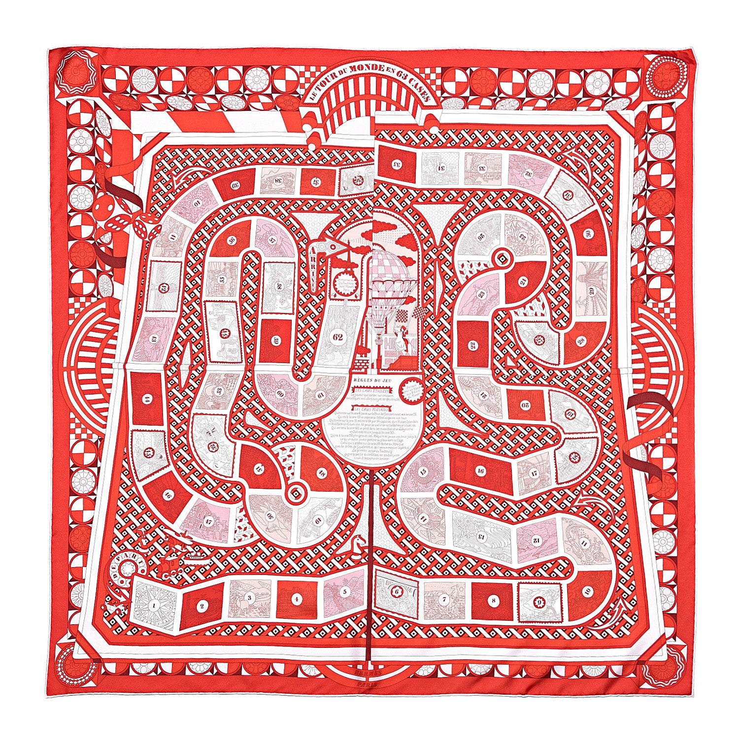Hermes Silk Le Tour Du Monde En 63 Cases Scarf 90 Rogue Rose Blanc 1 of 4