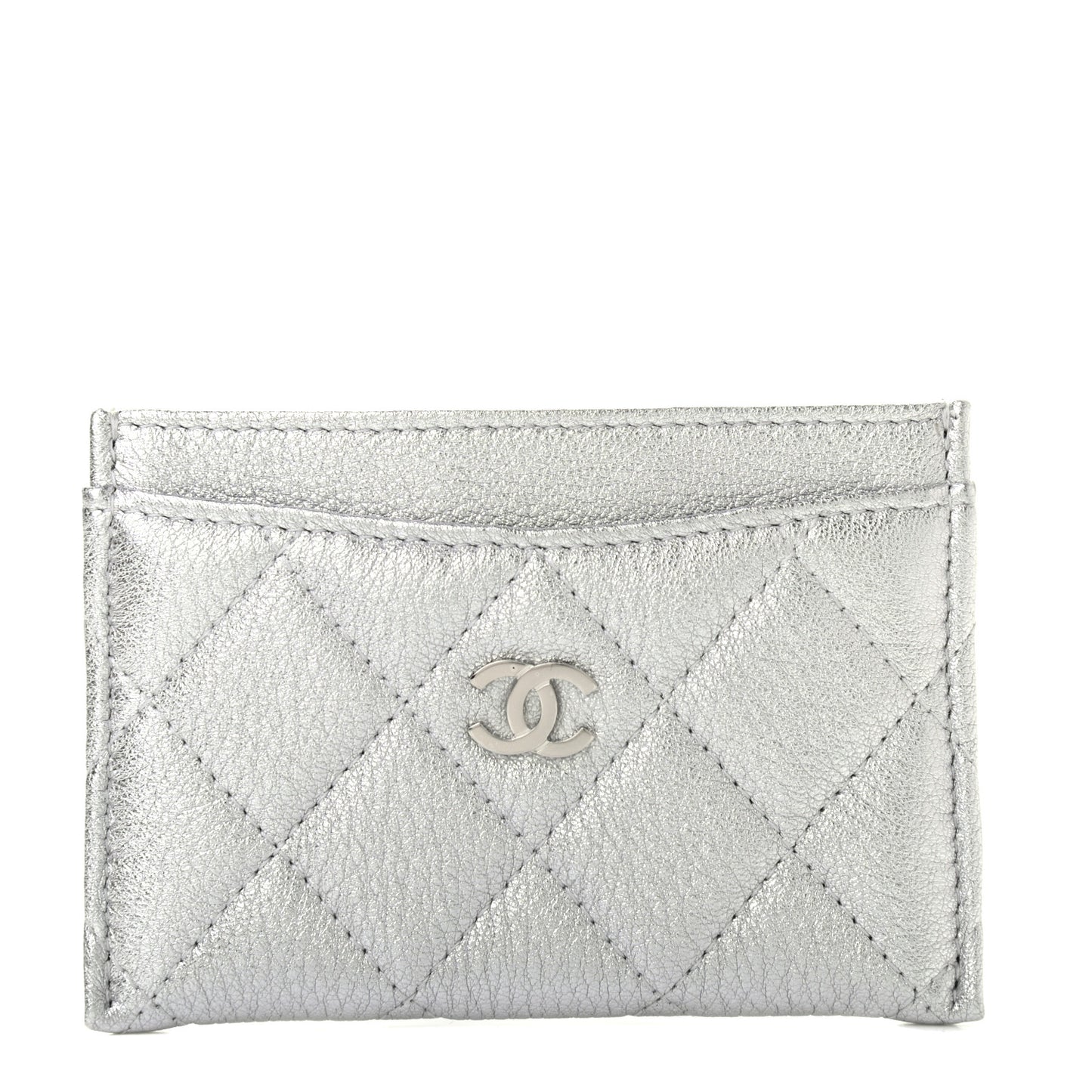 Metallic Lambskin Quilted Card Holder Silver
