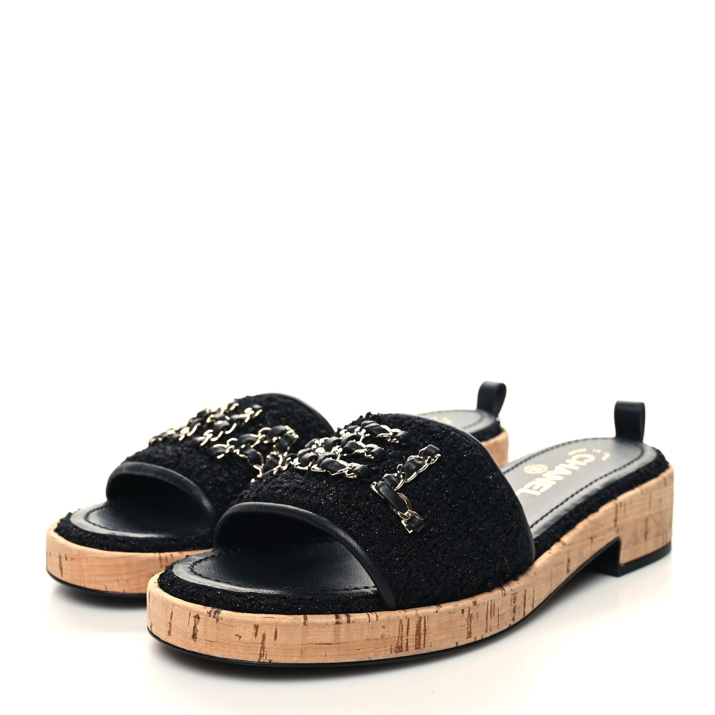Tweed Cork CC Chain Mule Sandal 39 Black