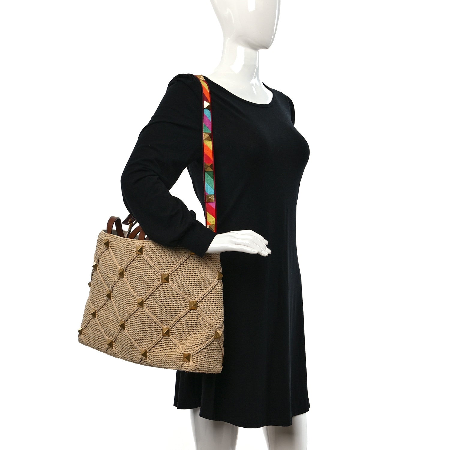 Valentino Garavani Raffia Calfskin Large Roman Stud Tote Naturale 2 of 8
