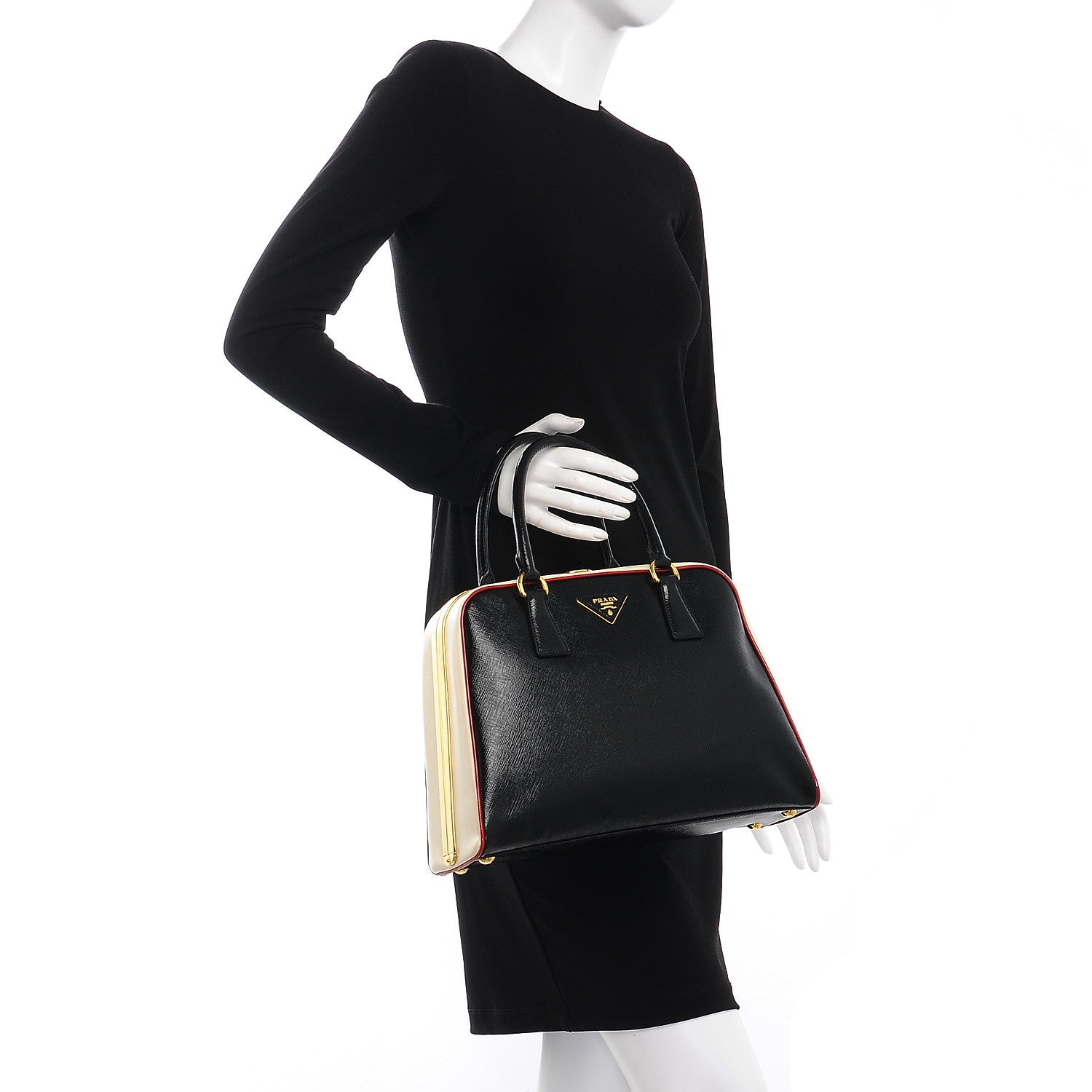 Prada Saffiano Vernice Pyramid Bag Black White Rosso 2 of 7