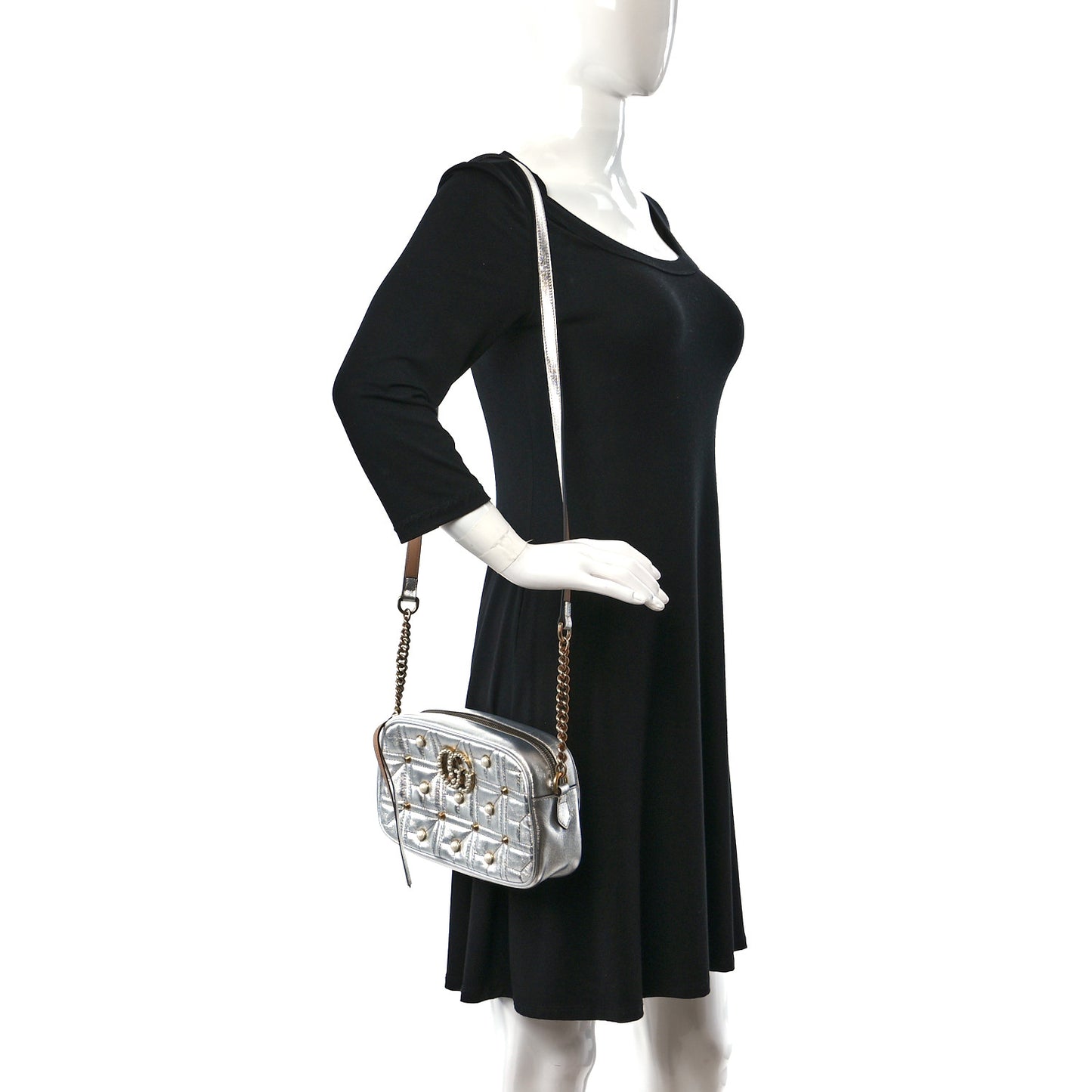 Metallic Calfskin Matelasse Studded Small Pearly GG Marmont Chain Shoulder Bag Silver