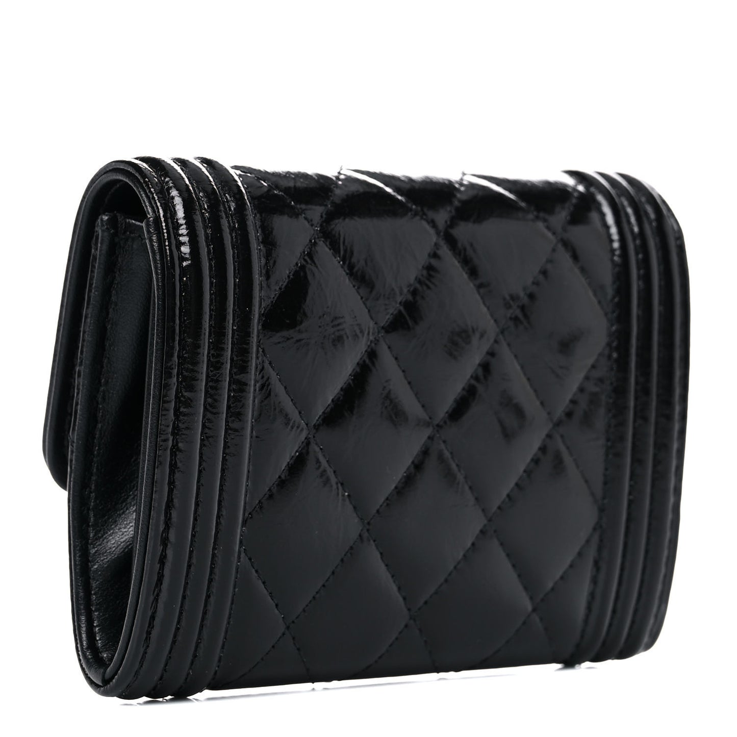 Distressed Patent Quilted Boy Flap Card Holder Wallet Black