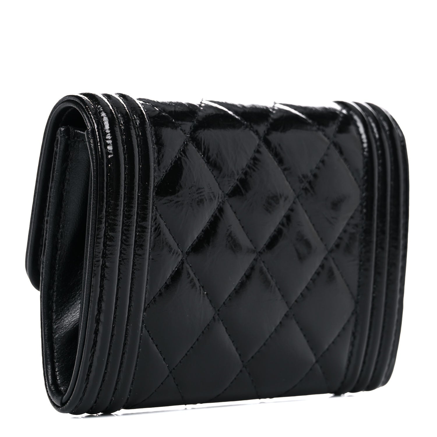 Chanel Distressed Patent Quilted Boy Flap Card Holder Wallet Black 3 of 11