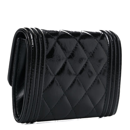 Chanel Distressed Patent Quilted Boy Flap Card Holder Wallet Black 3 of 11