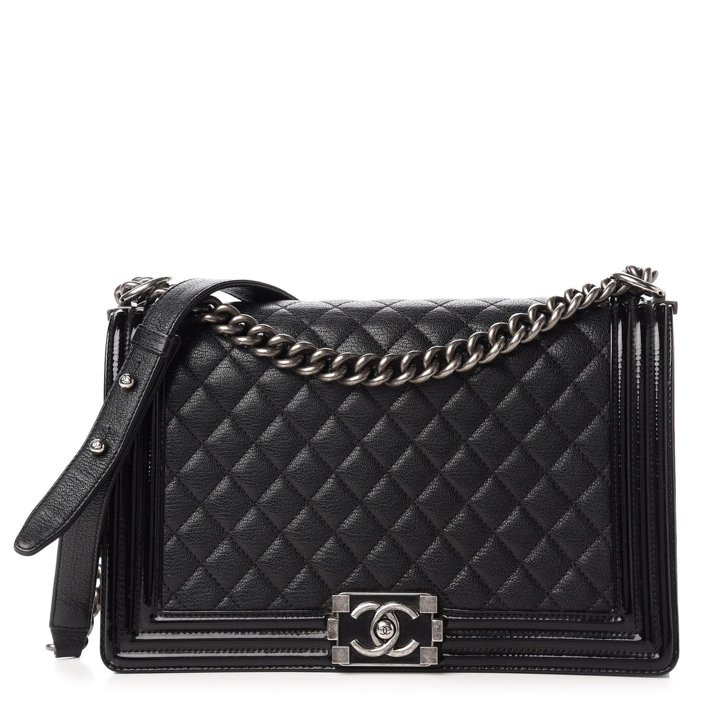 Goatskin Quilted Patent New Medium Duo Boy Flap Black