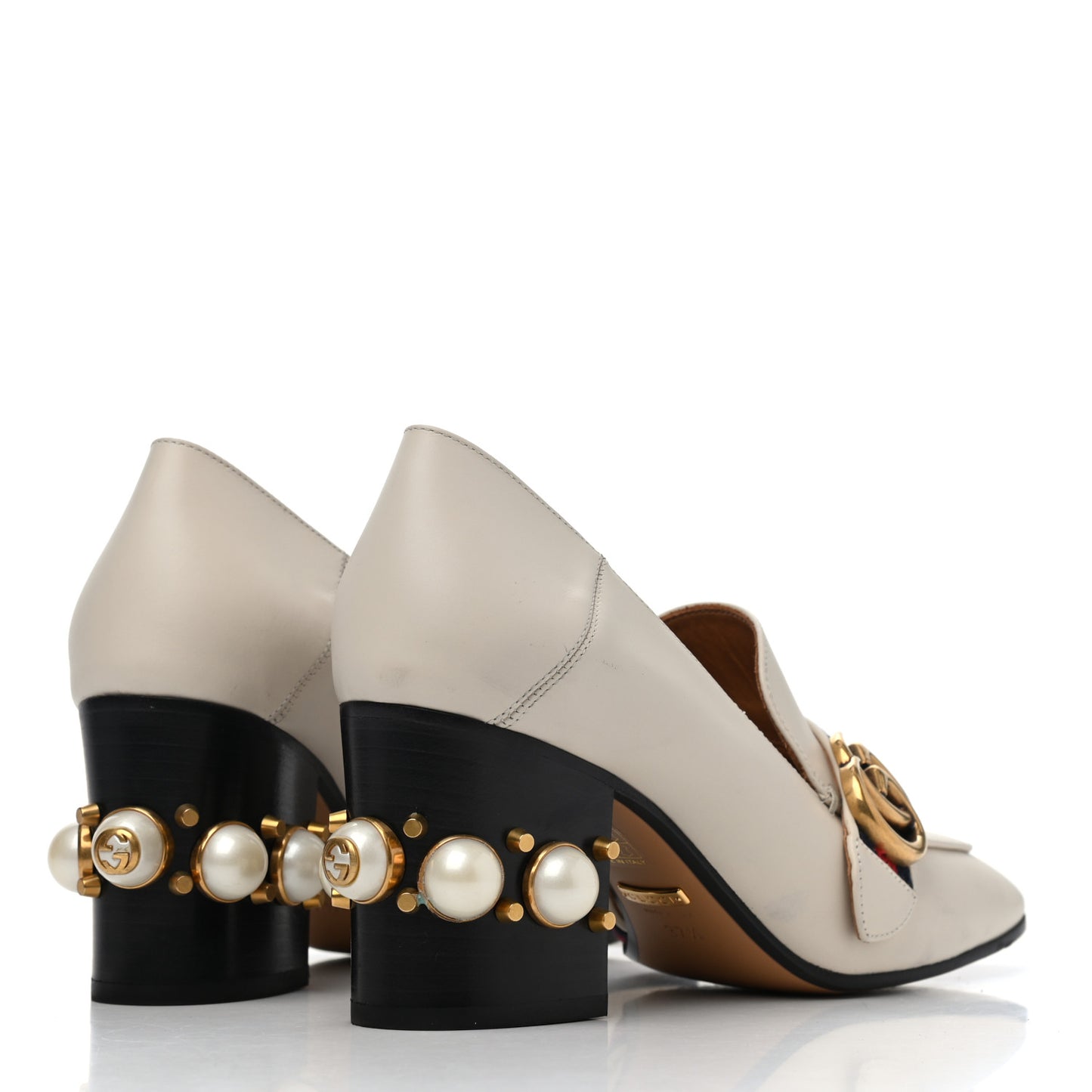 Betis Glamour Calfskin Web Pearl Embellished Peyton 75mm Loafer Pumps 37.5 Mystic White
