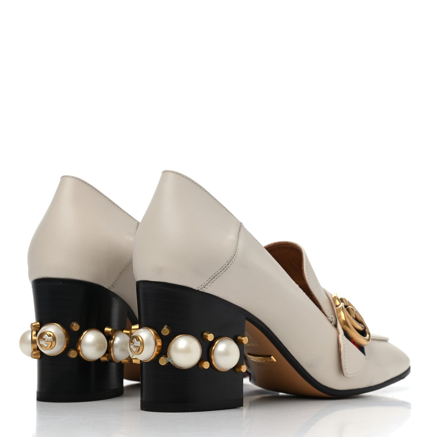 Gucci Betis Glamour Calfskin Web Pearl Embellished Peyton 75mm Loafer Pumps 37.5 Mystic White 3 of 4