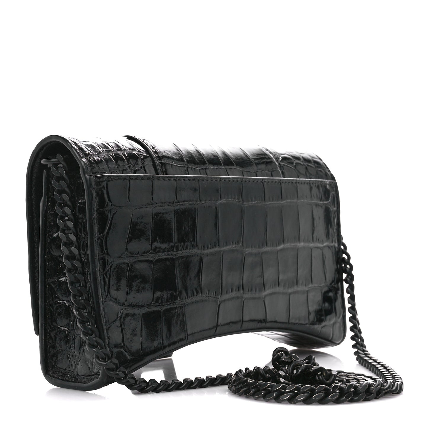 Shiny Calfskin Monochrome Crocodile Embossed Hourglass Chain Bag Black