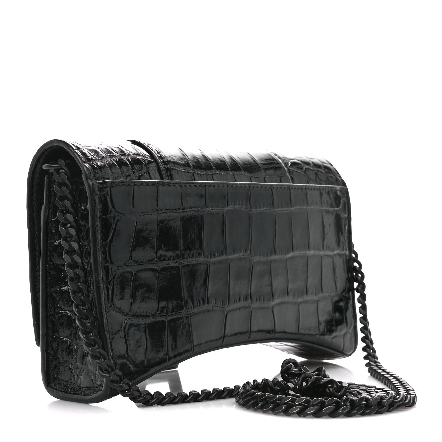 Balenciaga Shiny Calfskin Monochrome Crocodile Embossed Hourglass Chain Bag Black 3 of 13