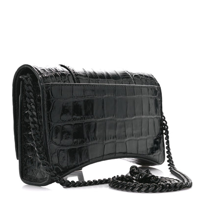 Balenciaga Shiny Calfskin Monochrome Crocodile Embossed Hourglass Chain Bag Black 3 of 13