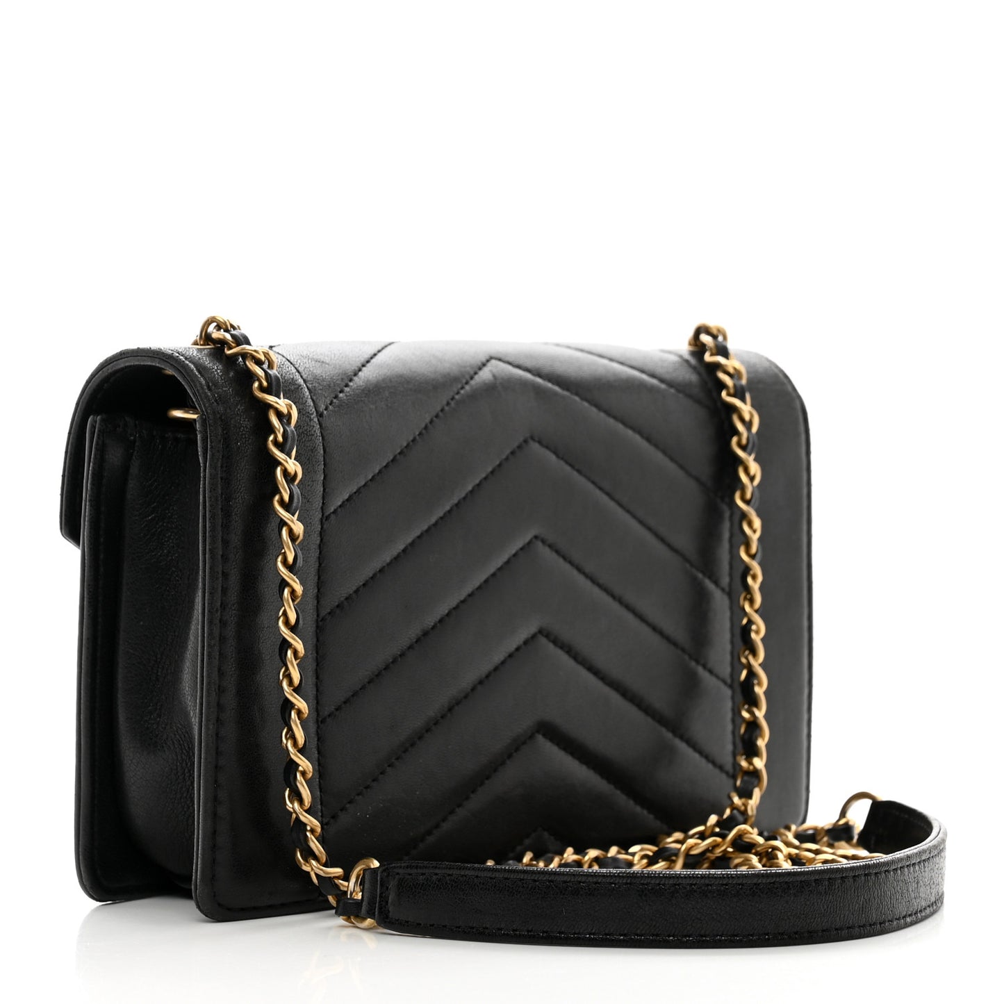 Lambskin Reversed Chevron Quilted Flap Black
