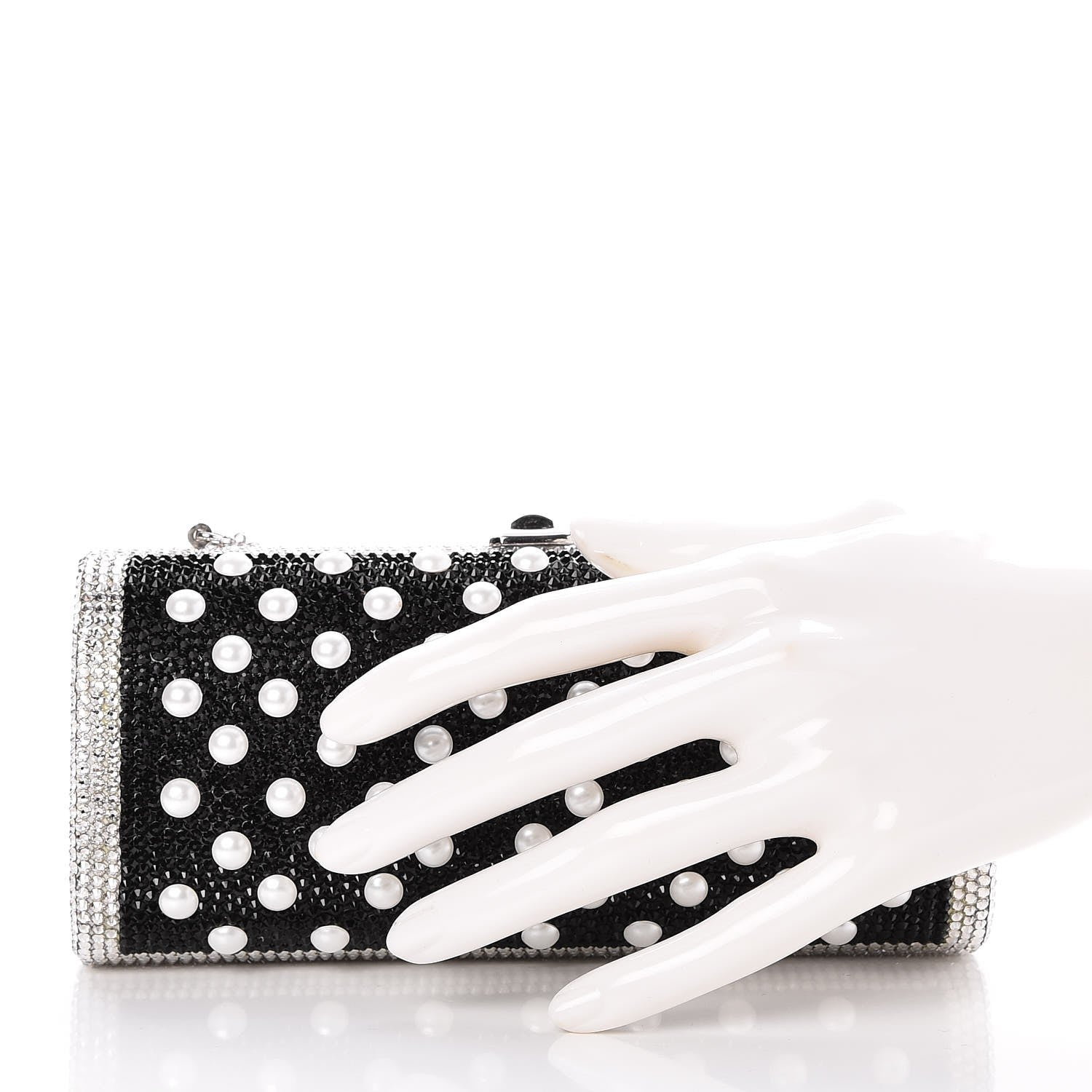 Judith Leiber Crystal Pearl Minaudiere Clutch Silver Black 3 of 7
