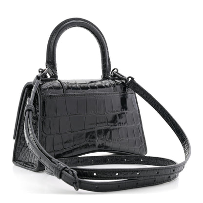 Balenciaga Shiny Calfskin Monochrome Crocodile Embossed Hourglass Top Handle Bag XS Black 3 of 12