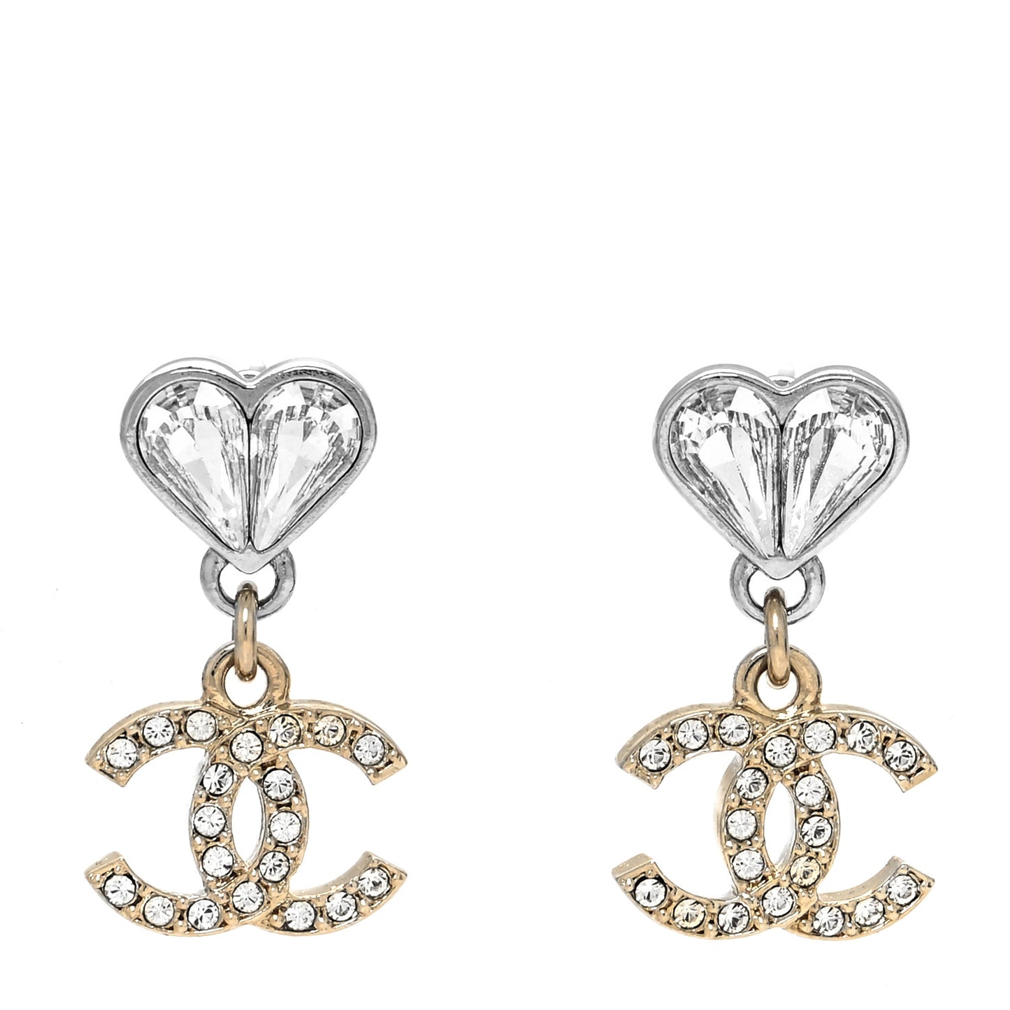 Crystal CC Heart Drop Earrings Gold Silver