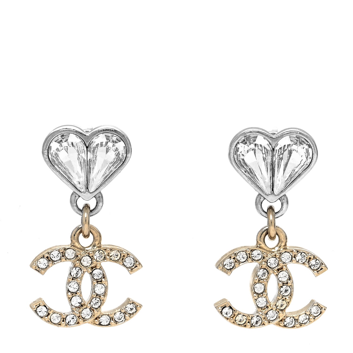 Chanel Crystal CC Heart Drop Earrings Gold Silver 1 of 4