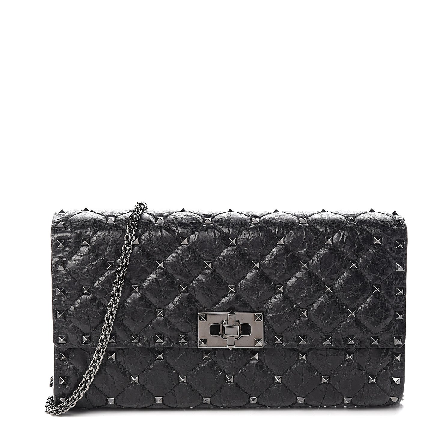 Craquele Nappa Rockstud Spike Wallet on Chain Black