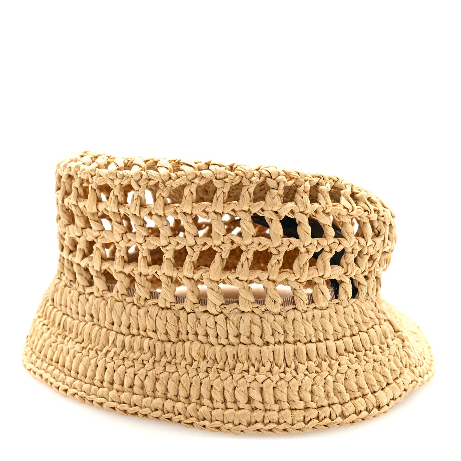 Prada Yarn Raffia Effect Crochet Logo Embroidered Womens Bucket Hat L Naturale 4 of 8