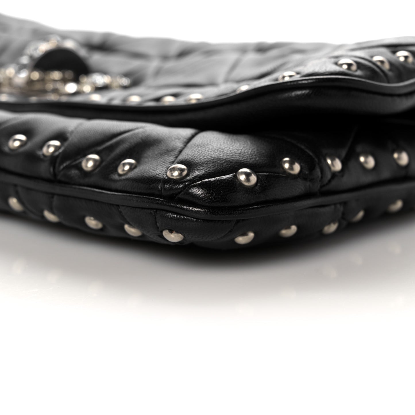 Nappa Quilted Crystal Studded Flap Clutch Black