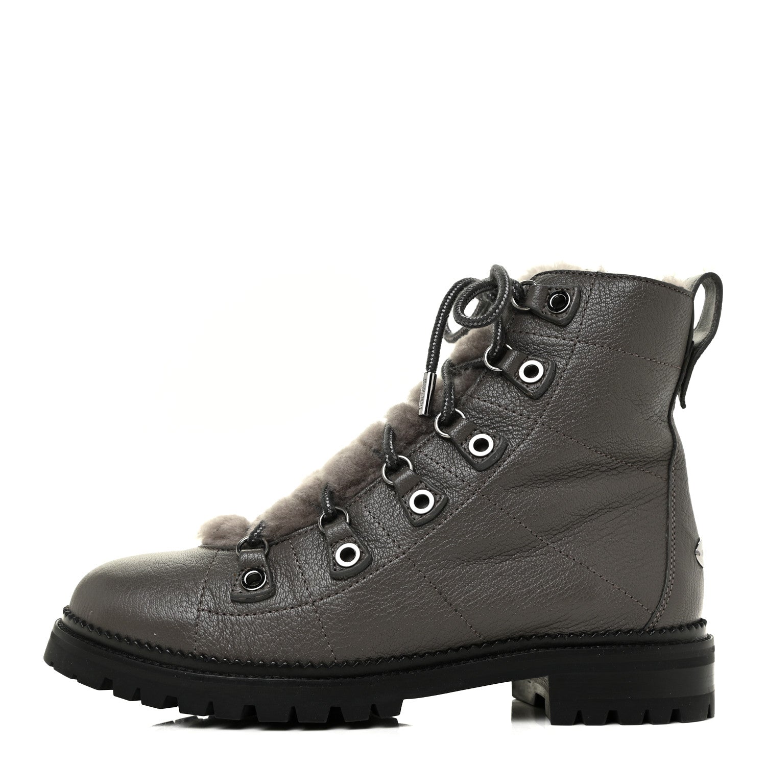 Jimmy Choo Grainy Calfskin Shearling Hillary Flat Boots 38.5 Dark Grey 1 of 9