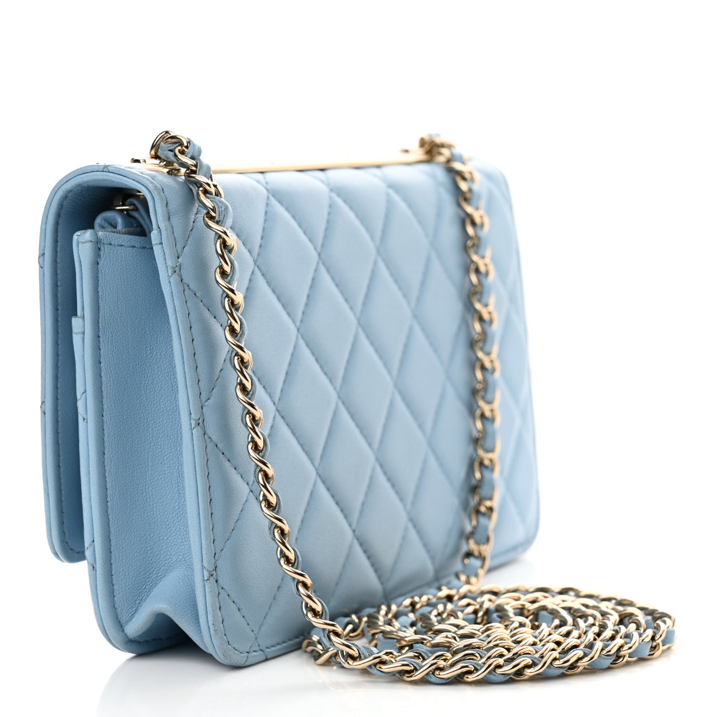 Lambskin Quilted Trendy CC Wallet On Chain WOC Light Blue