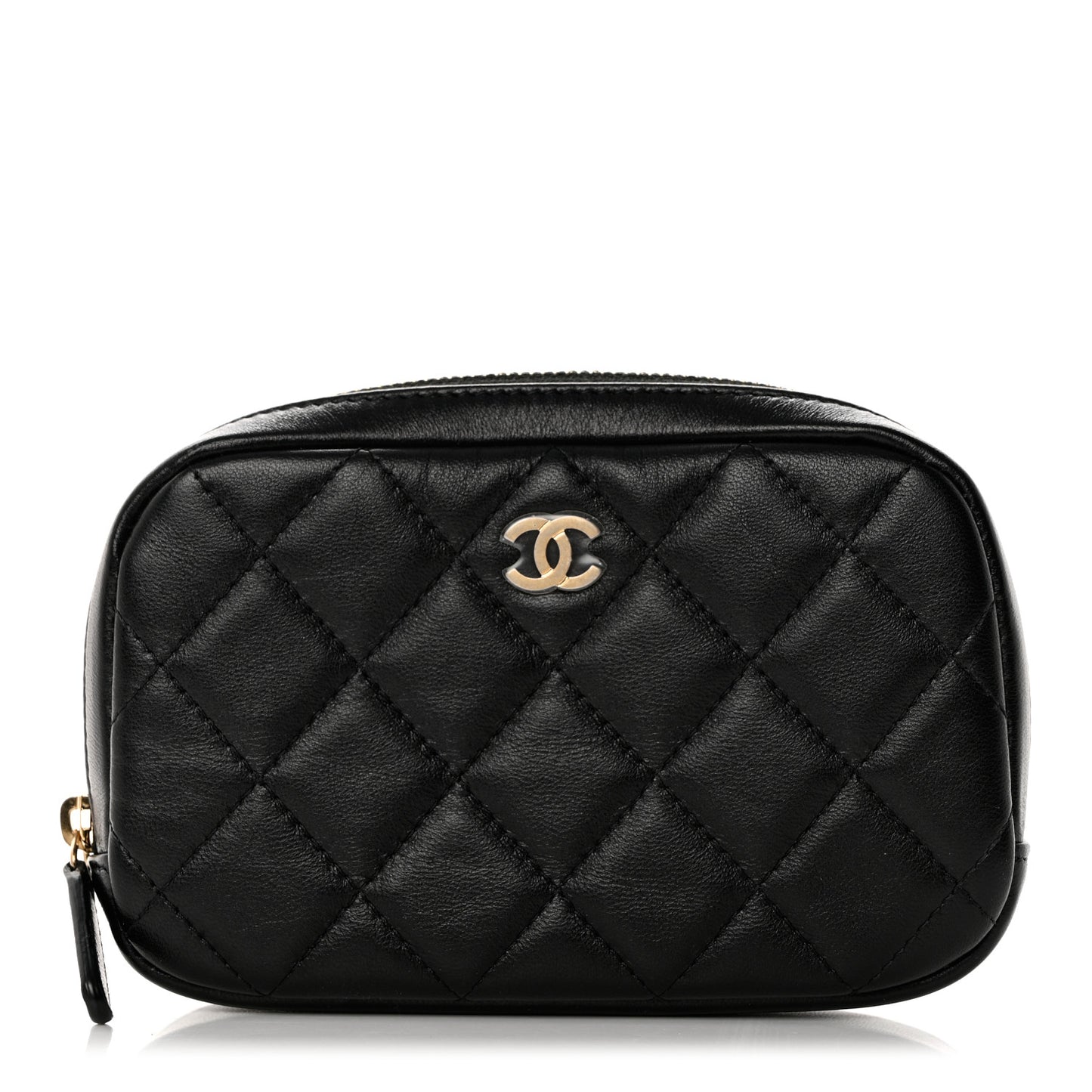 Lambskin Quilted Small Curvy Pouch Cosmetic Case Black