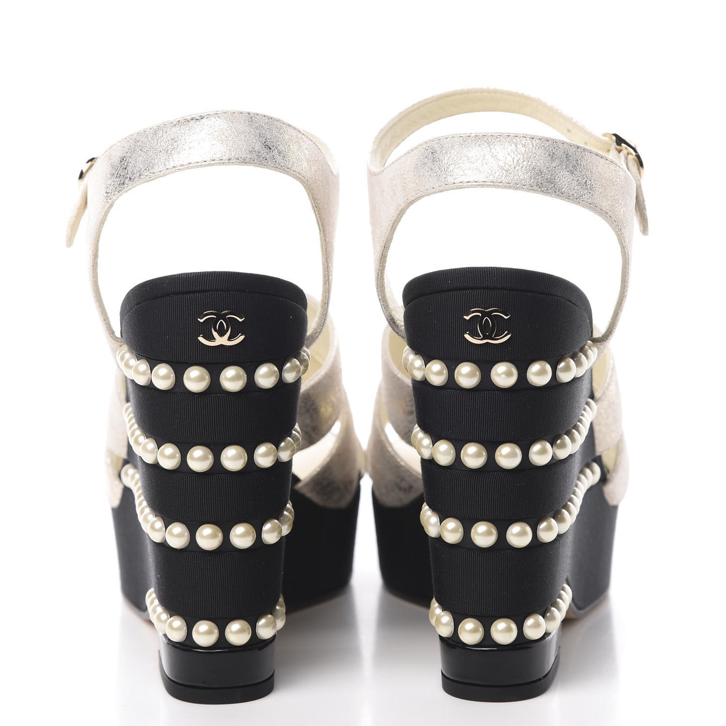 Metallic Crumpled Calfskin Grosgrain Pearl Wedge Sandals 39.5 Black Silver