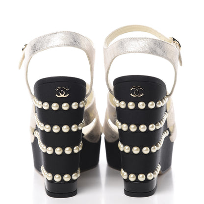 Chanel Metallic Crumpled Calfskin Grosgrain Pearl Wedge Sandals 39.5 Black Silver 5 of 9