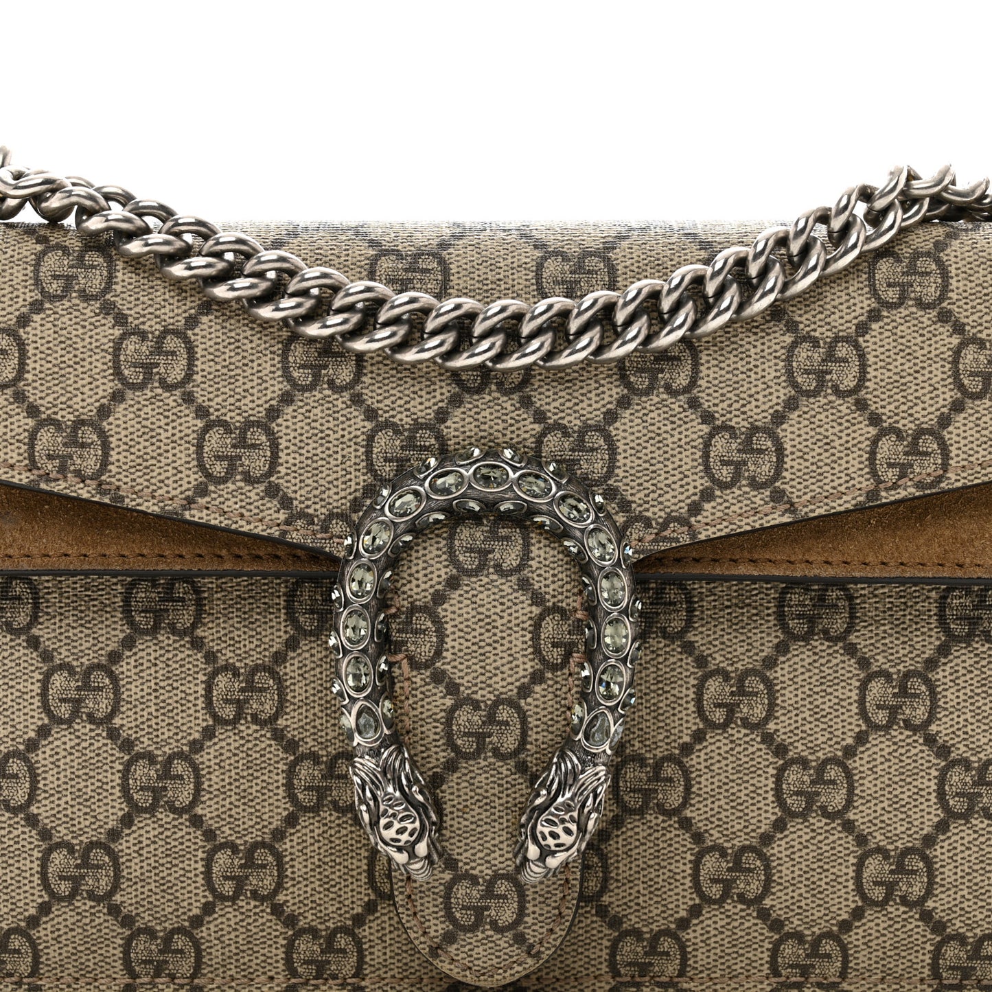 GG Supreme Monogram Suede Crystal Small Dionysus Shoulder Bag Beige Ebony Taupe