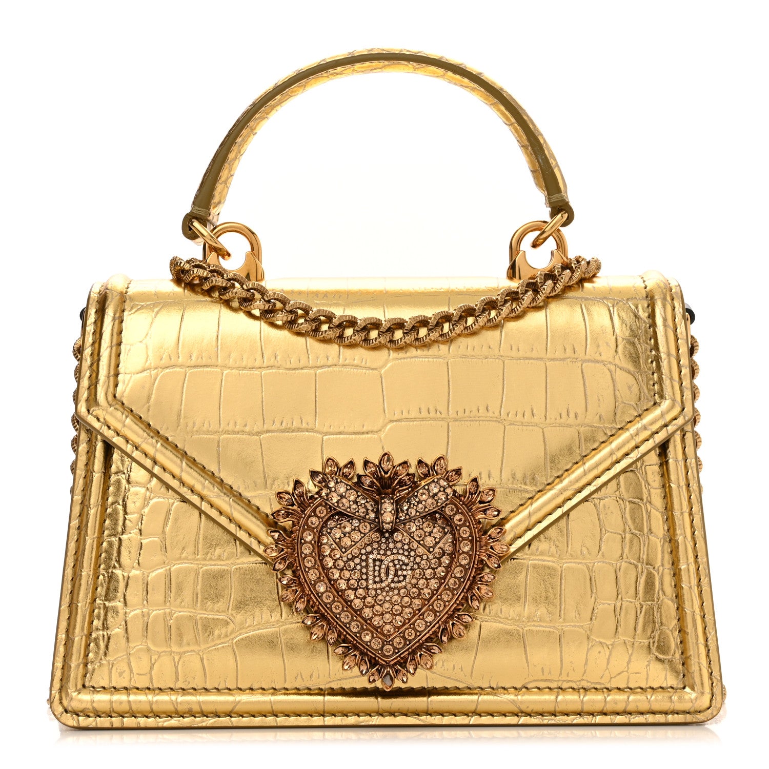Dolce & Gabbana Metallic Calfskin Crocodile Embossed Devotion Envelope Top Handle Bag Gold 1 of 10