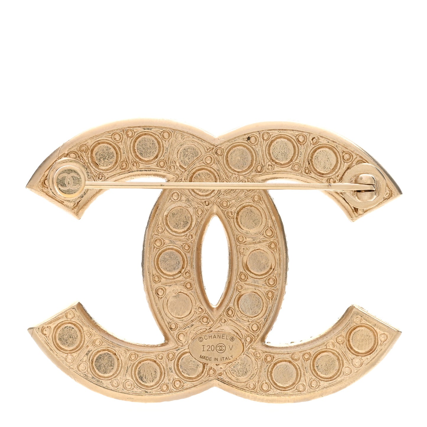 Metal Crystal Graduated Pearl CC Brooch Gold