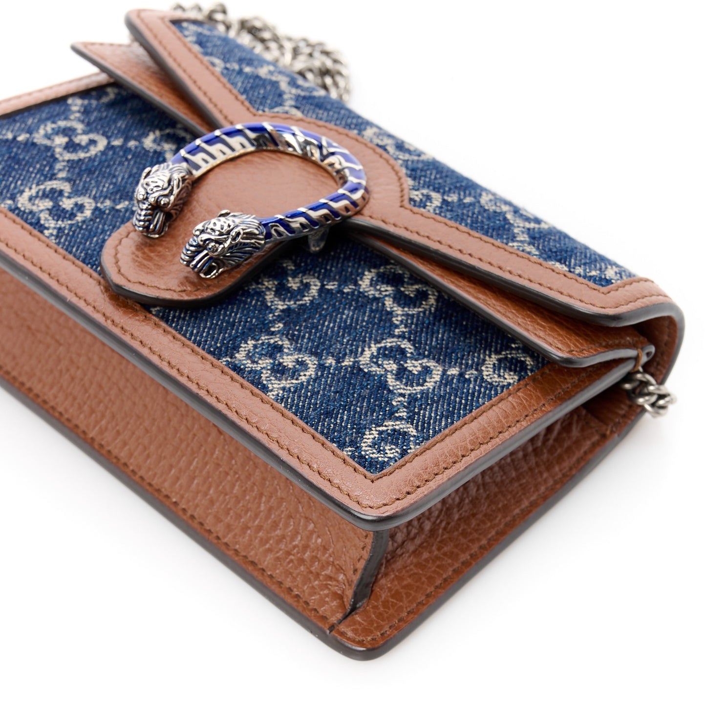New Denim GG Monogram Dollar Calfskin Enamel Super Mini Dionysus Shoulder Bag Blue Tea Cuir Epilog Electric Blue