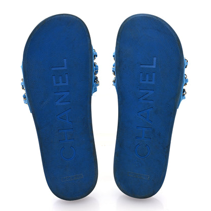 Chanel Satin Canvas Chain Slides Sandals Flats 40 Blue 6 of 8