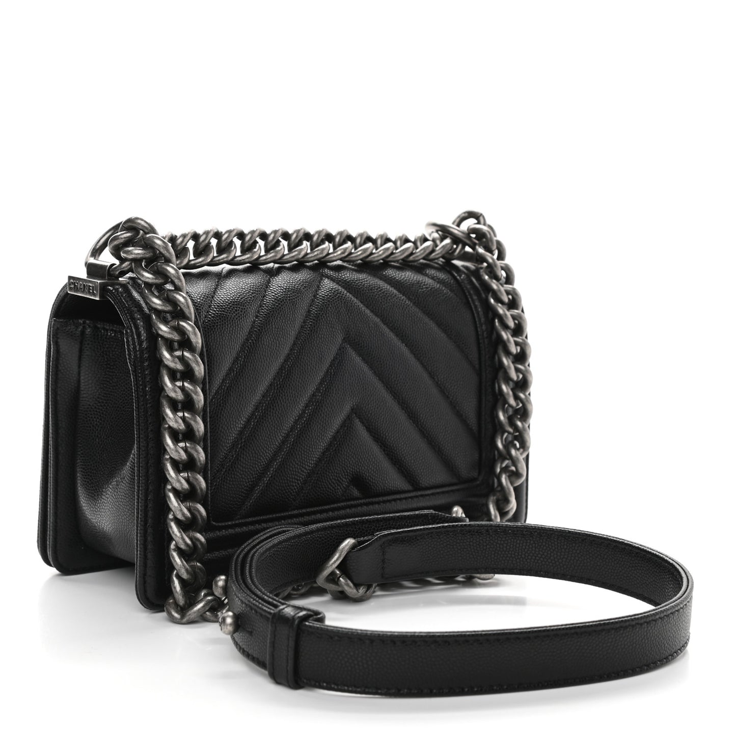 Caviar Chevron Quilted Small Boy Flap Black