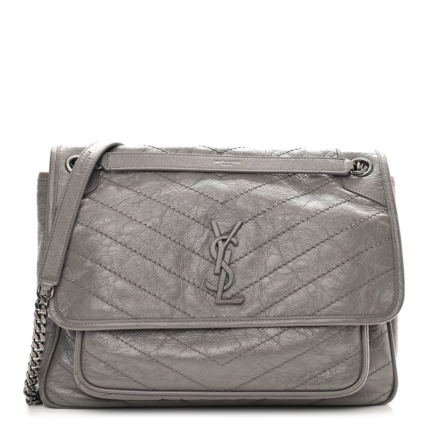 Crinkled Calfskin Matelasse Monogram Large Niki Chain Satchel Fog