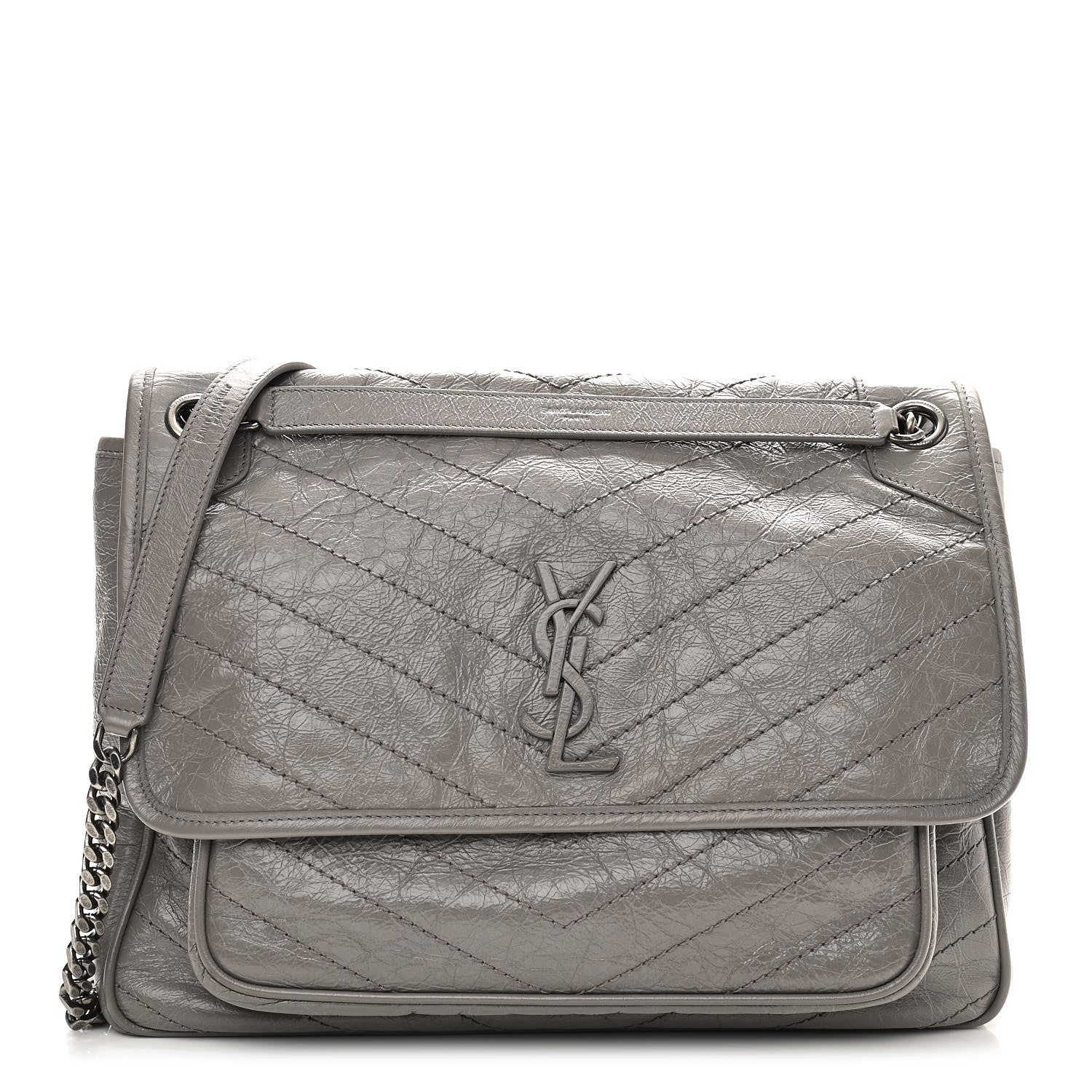 Saint Laurent Crinkled Calfskin Matelasse Monogram Large Niki Chain Satchel Fog 1 of 10