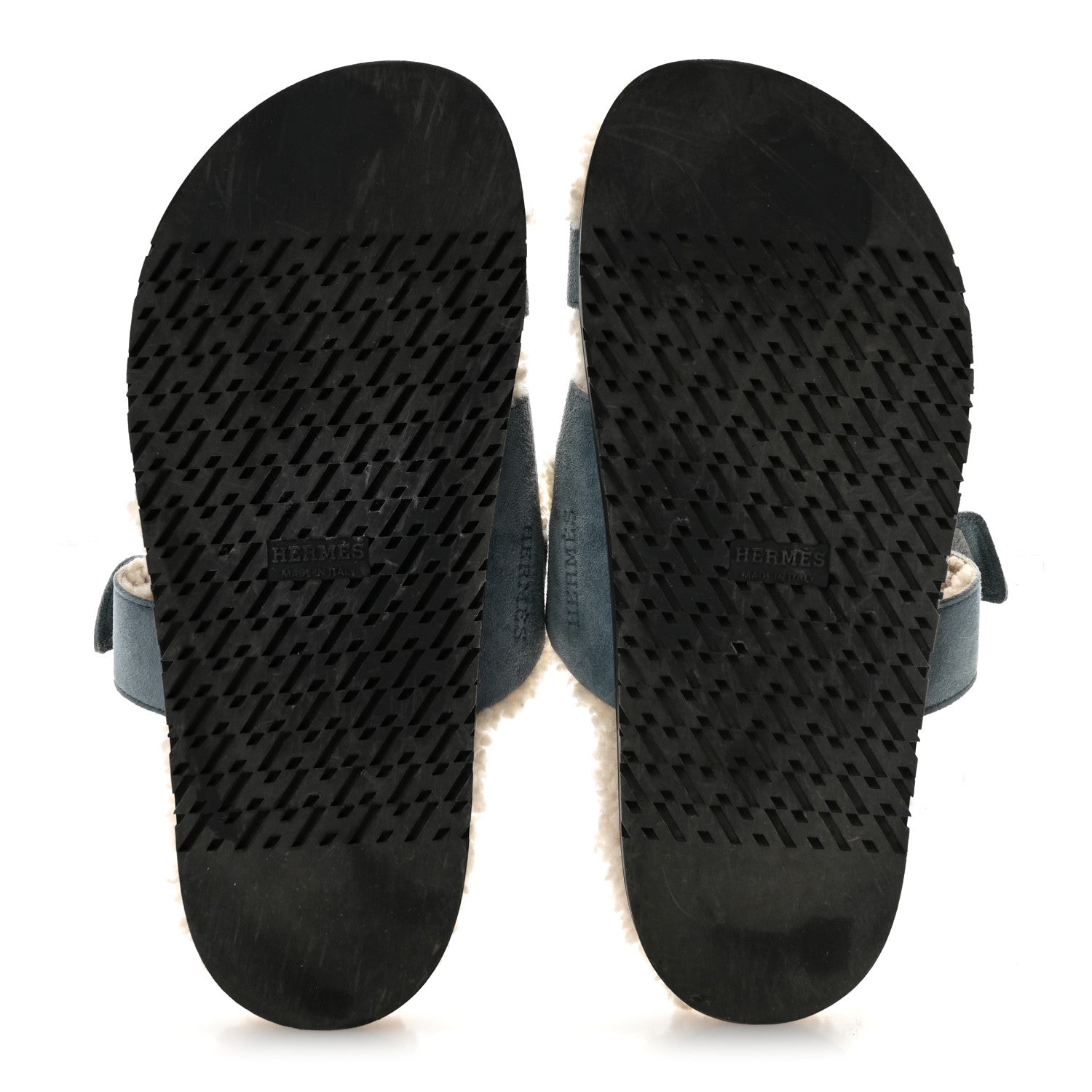 Hermes Suede Goatskin Woolskin Womens Chypre Sandals 38.5 Bleu Pinede Ecru 6 of 9