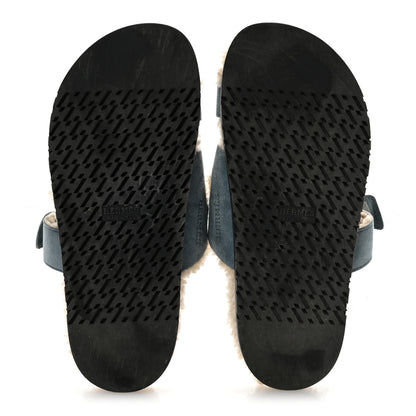 Hermes Suede Goatskin Woolskin Womens Chypre Sandals 38.5 Bleu Pinede Ecru 6 of 9