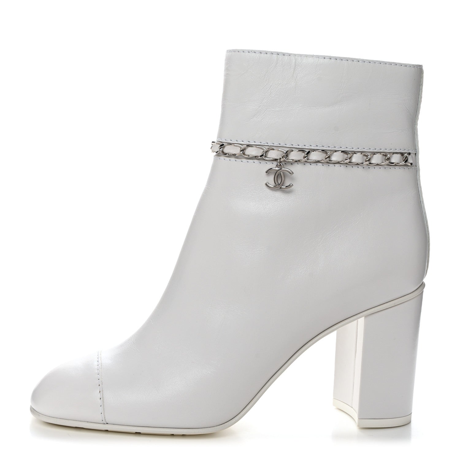 Chanel Crumpled Calfskin Cap Toe Chain Short Boots 40 White 1 of 8