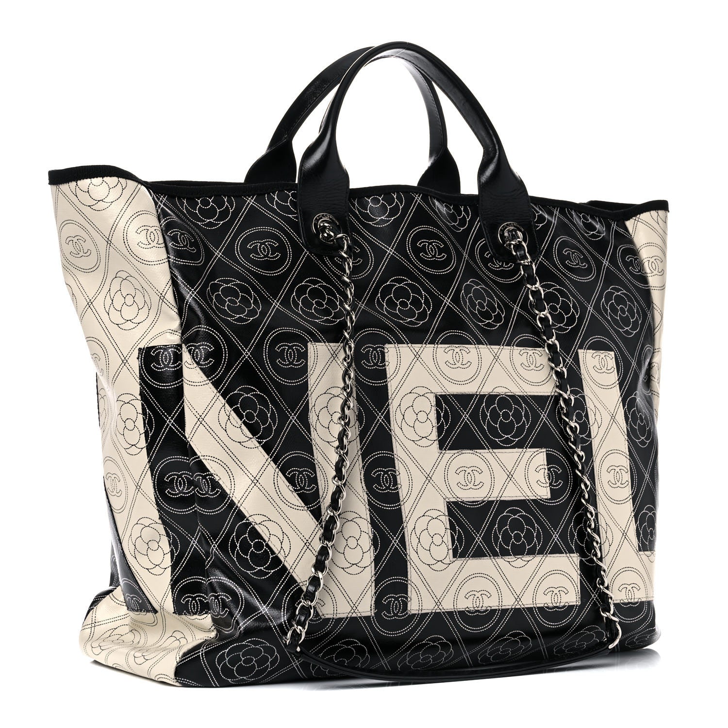 Chanel Coated Canvas Camellia Medium Shopping Tote Black Beige 2 of 15