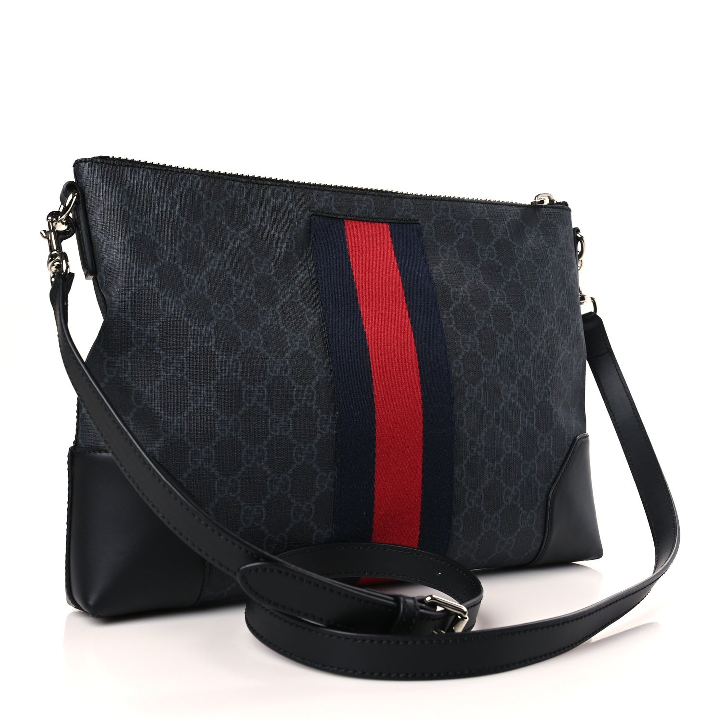 Soft GG Supreme Monogram Appia Calfskin Web East West Messenger Bag Black Grey
