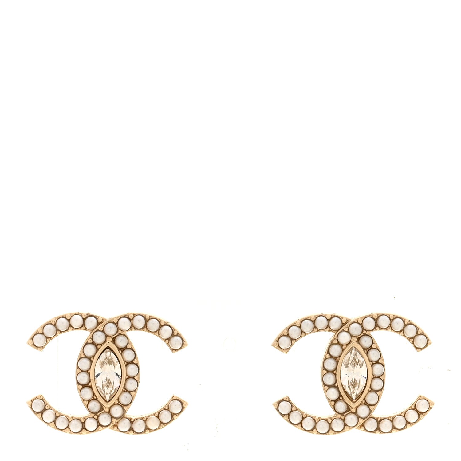 Chanel Pearl Marquise Crystal CC Earrings Gold White 1 of 5