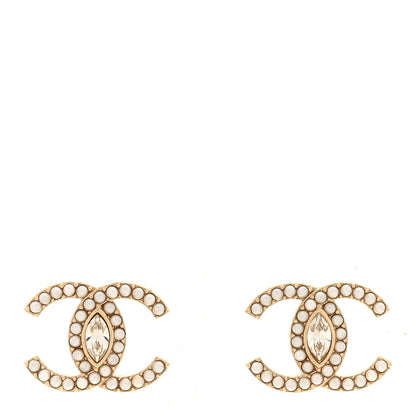 Chanel Pearl Marquise Crystal CC Earrings Gold White 1 of 5