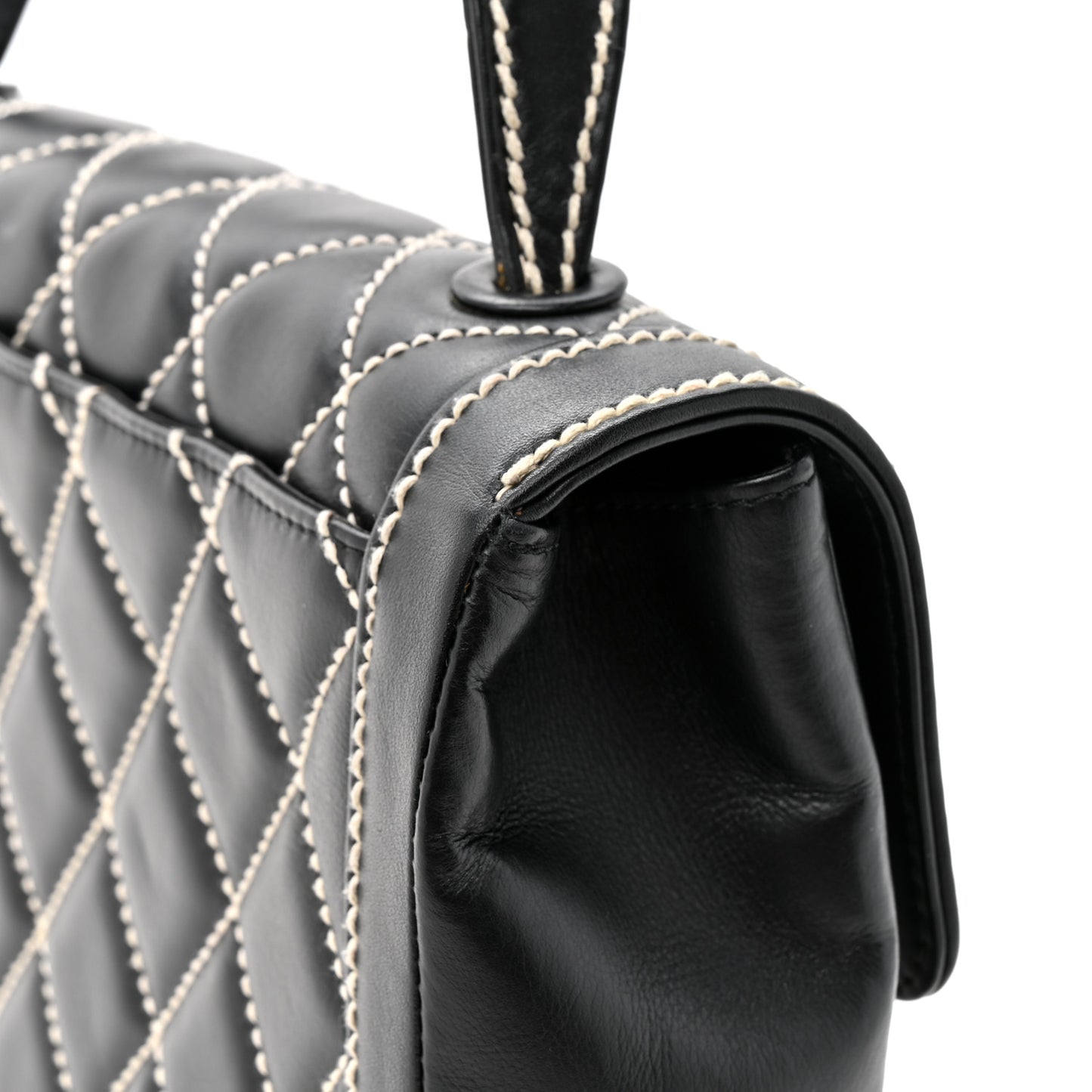 Calfskin Quilted Wild Stitch Large Top Handle Flap Black