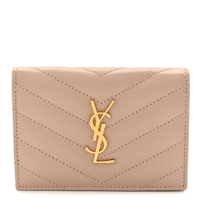 Saint Laurent Grain De Poudre Matelasse Chevron Monogram Flap Card Case Dark Beige 1 of 9