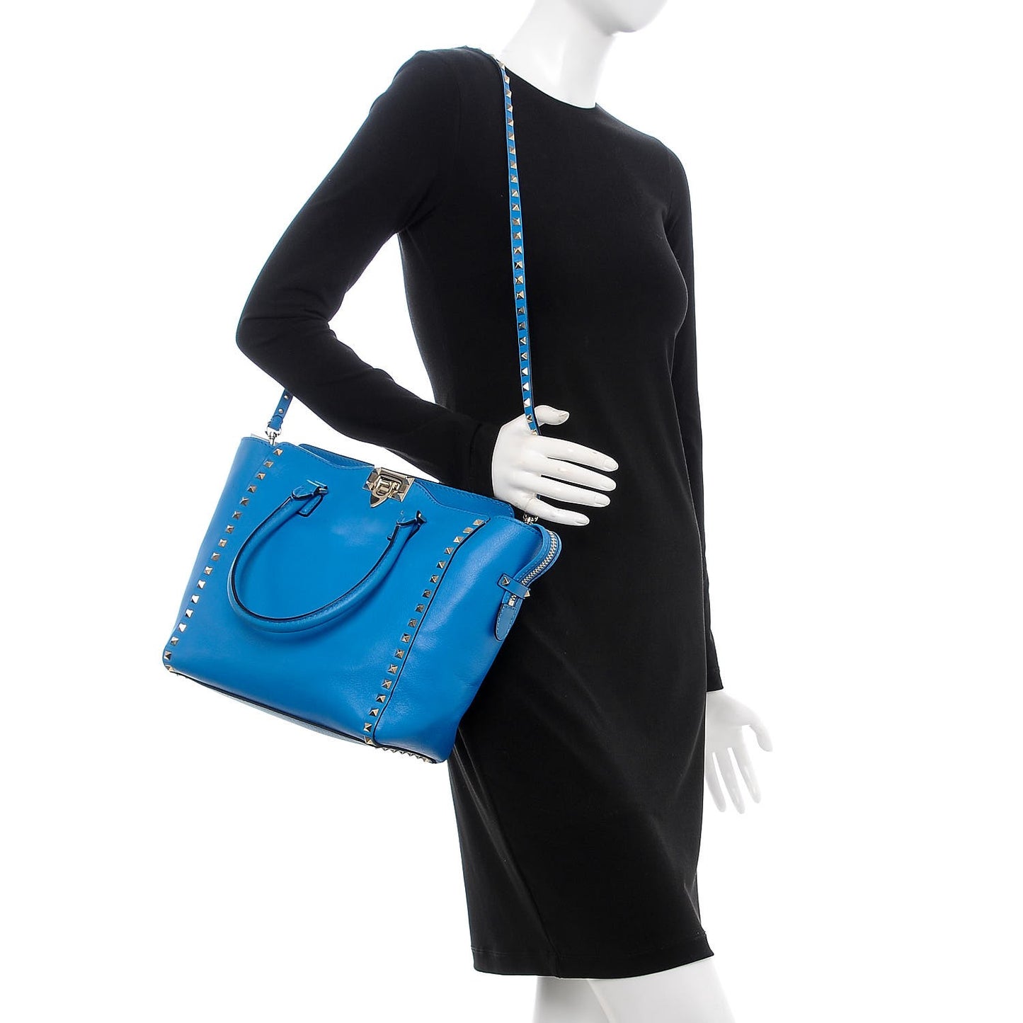 Vitello Rockstud Double Handle Tote Blue Fluo