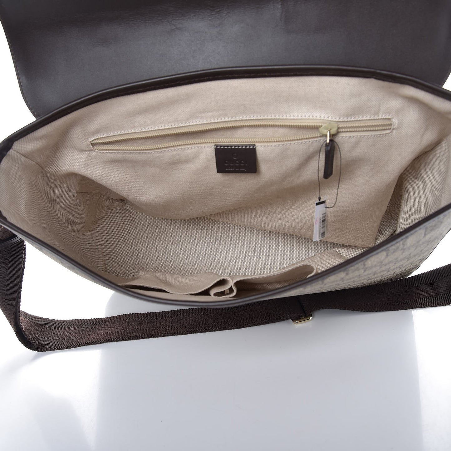 GG Supreme Monogram Selleria Calfskin Large Satchel Messenger Bag Beige Ebony Cocoa Dark Chocolate