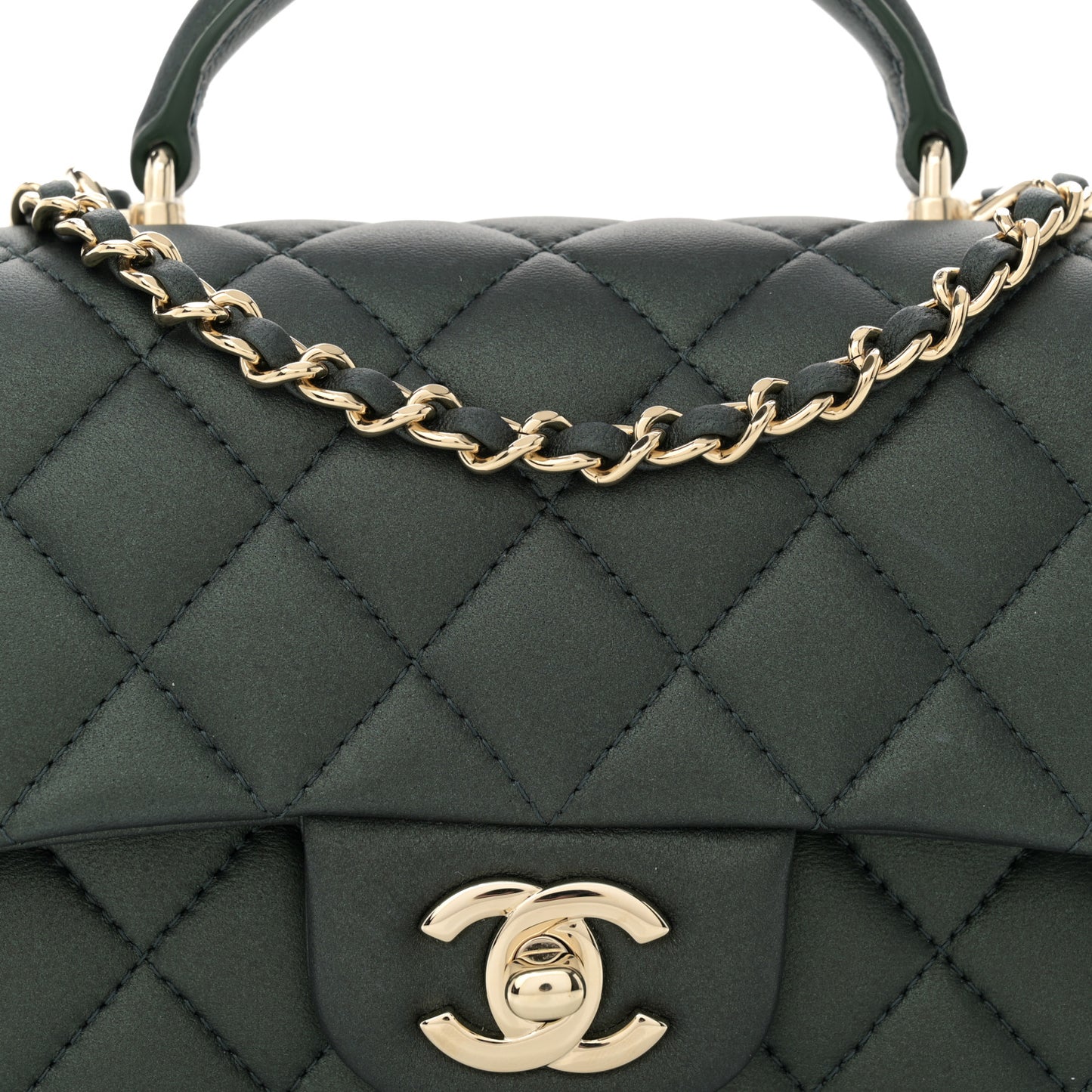Iridescent Lambskin Quilted Mini Top Handle Rectangular Flap Dark Green