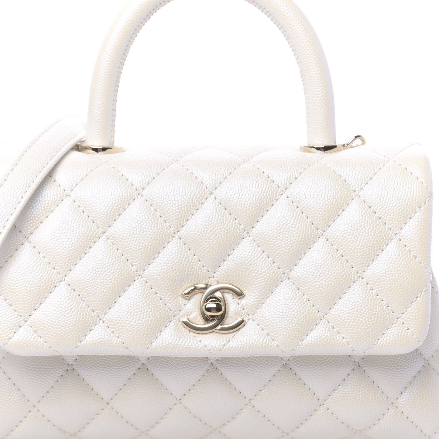 Iridescent Caviar Quilted Mini Coco Handle Flap White